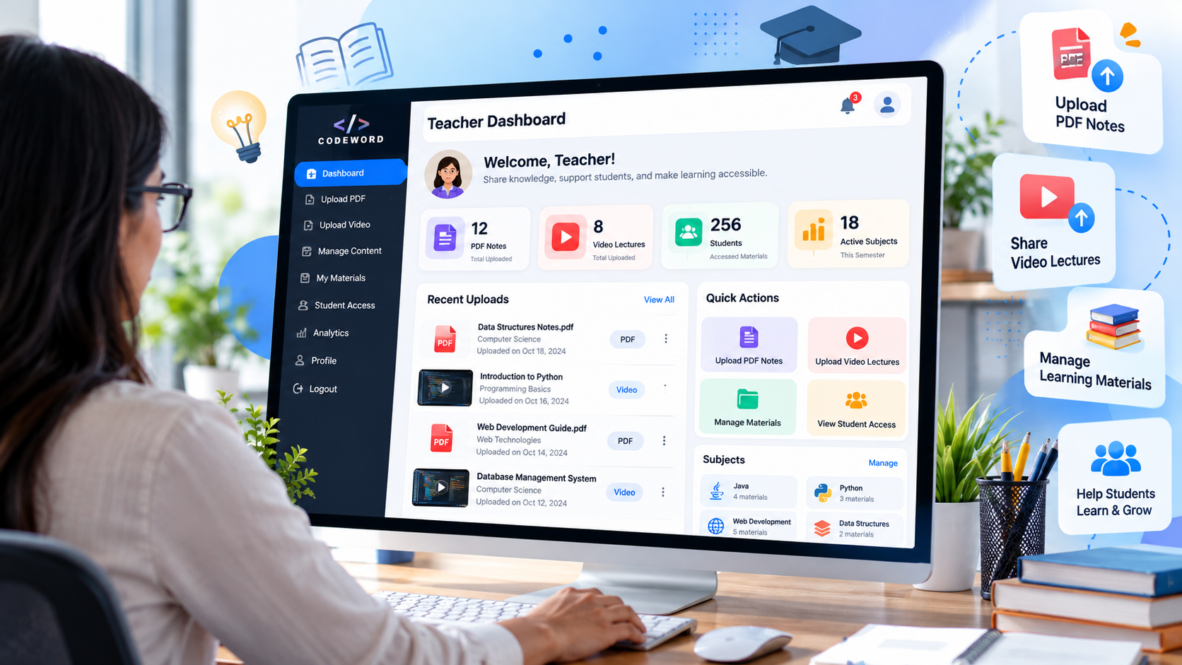 Teacher dashboard for uploading educational PDFs and videos